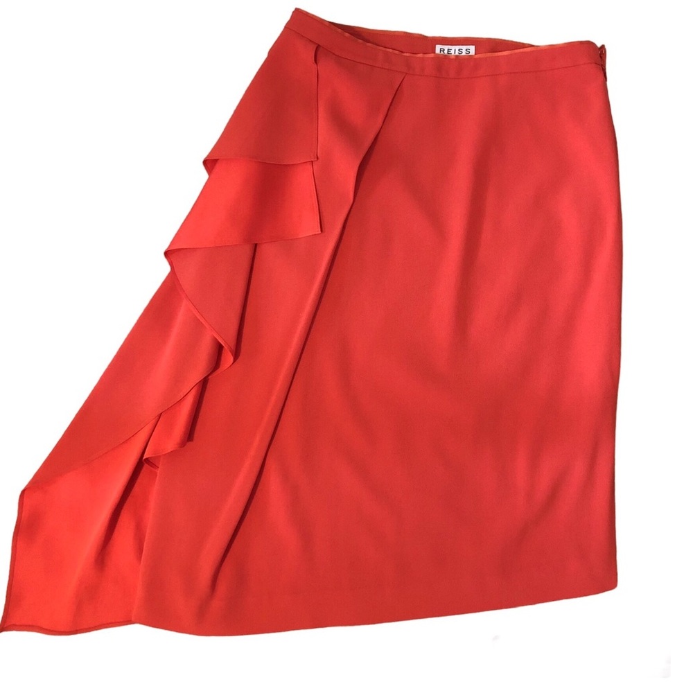 REISS Dita Waterfall Draped Crepe Skirt Bold Orange Asymmetrical Midi Womens 8 - Picture 3 of 13